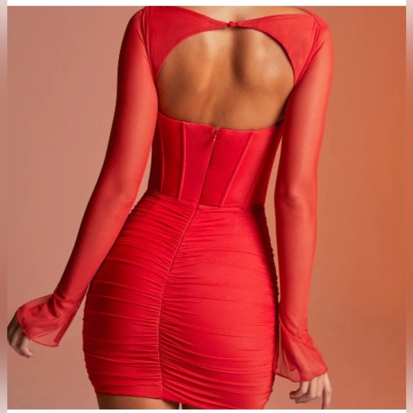 Oh Polly Ruched Fiery Red Cut-Out Long Sleeve Dress - Picture 3 of 8